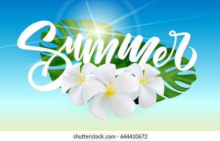 Summer poster with tropical palm leaf and flowers . Vector illustration