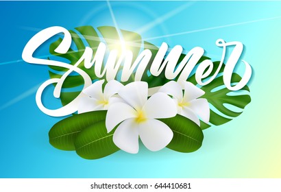 Summer poster with tropical palm leaf and flowers. Vector illustration