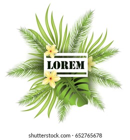 Summer poster with tropical palm leaf and exotic flowers. Vector illustration EPS10