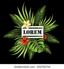 Summer poster with tropical palm leaf and exotic flowers. Vector illustration EPS10