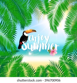 Summer poster, t-shirt print with palm leaves, seashore, flower hibiscus and toucan. Tropical exotic vacation background with slogan.