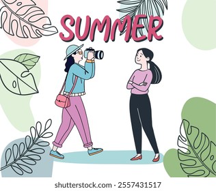 Summer poster. Two girls are spending their summer vacation. One woman is taking pictures of the other with a camera. Capturing emotions. Vector illustration