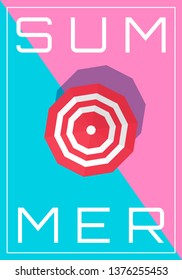 summer  poster with umbrella top view on duotone pink blue diagonal background minimalism illustration