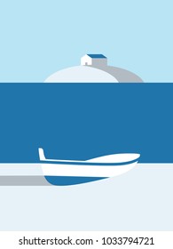 Summer poster vector art with boat on the beach and cabin on island in the background. Eps10 vector illustration.