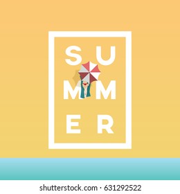 Summer poster vector background with woman in bikini lying on beach under umbrella. Summer holiday or vacation concept. Eps10 vector illustration.