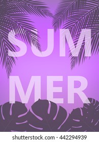 Summer poster. Summer vector illustration with  palm trees and palm leaves.