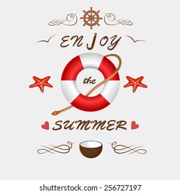 Summer poster. Vector illustration. Summertime traveling template with beach summer accessories. Sea shells, anchor, birds, hearts, lifebuoy and coconut on the beach. Enjoy the summer poster.