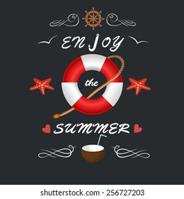 Summer poster. Vector illustration. Summertime traveling template with beach summer accessories. Sea shells, anchor, birds, hearts, lifebuoy and coconut on the beach. Enjoy the summer poster.