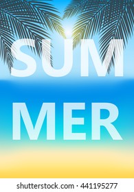 Summer poster. Summer vector illustration with sun, palm trees, beach and blue sky.