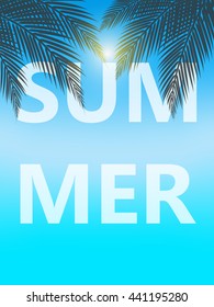 Summer poster. Summer vector illustration with sun, palm trees, beach and blue sky.