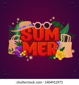 Summer Poster. Vector Isolated Graphic Design Elements. Illustration with lettering, shopping bags, hat, glasses, tropical plants, palm and banana leaves, flowers, fireflies. water dots. Flat, cartoon