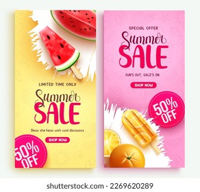 Sommerposter, Vektorset. Sommerverkaufstext mit bis zu 50% Rabatt auf spezielle und limitierte Urlaubsrabatte. Vektorgrafik Sommerverkauf.
