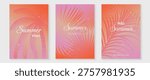 Summer poster vector set with tropical palm leaves and bright orange yellow green gradient background. Botanical holiday flyer collection for beach party, vacation promotion and seasonal wall art design.