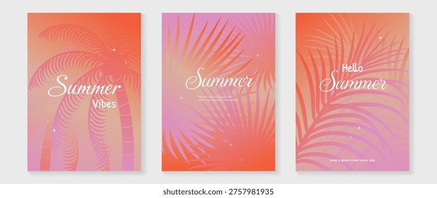 Summer poster vector set with tropical palm leaves and bright orange yellow green gradient background. Botanical holiday flyer collection for beach party, vacation promotion and seasonal wall art design.
