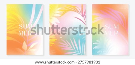 Summer poster vector set with tropical palm leaves and bright orange yellow green gradient background. Botanical holiday flyer collection for beach party, vacation promotion and seasonal wall art design.