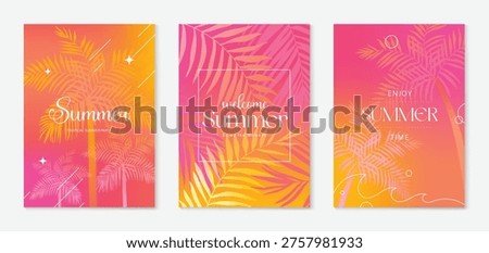 Summer poster vector set with tropical palm leaves and bright orange yellow green gradient background. Botanical holiday flyer collection for beach party, vacation promotion and seasonal wall art design.