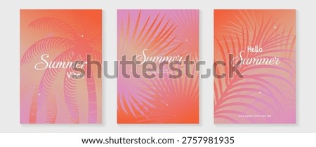 Summer poster vector set with tropical palm leaves and bright orange yellow green gradient background. Botanical holiday flyer collection for beach party, vacation promotion and seasonal wall art design.