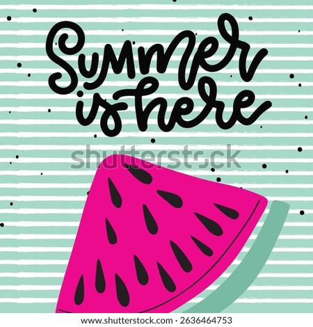 Summer poster watermelon in flat style. Fruits bright compositions. Flyers, posters, banners, placards, brochure design. Hello Summer backgrounds with slices of fruits. Vector illustration
