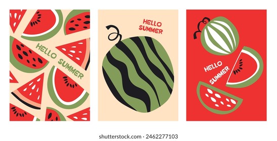 Summer poster watermelon set in flat style. Fruits bright compositions. Set of flyers, posters, banners, placards, brochure design. Hello Summer backgrounds with slices of fruits.  Vector illustration