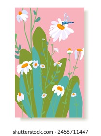 Summer poster Wild flowers white daisy dragonfly bush lush foliage. Simple wild wildflower plant pattern Template pink card vertical Wallpaper cloth fabric Wallpaper textile cute vector