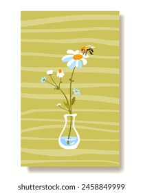 Summer poster Wild flowers white daisy bee glass vase Simple flower Traditional isolated plant Template postcard vertical Wallpaper fabric packaging fabric Wallpaper textile cute vector