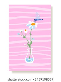 Summer poster Wild flowers white daisy dragonfly glass vase Simple wild wild flower plant Template pink card vertical Wallpaper fabric packaging cloth Wallpaper textile cute vector