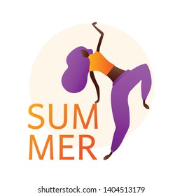 Summer poster. Woman character dancing in a modern flat style. Isolated Happy Woman with word Summer. Teen dancing vector illustration