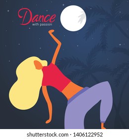 Summer poster. Woman character dancing in a modern flat style. Happy Woman with Dance with passion on tropical background. Teen dancing vector illustration