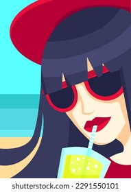 Summer poster with woman drinking cocktail on the beach, vector summer collection illustration, poster, banner, template.