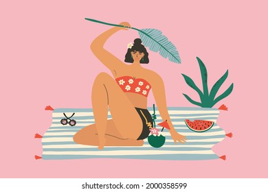 Summer poster with woman holding a tropical leaf. Beach towel, watermelon, coconut cocktail, sun umbrella.Background Vector illustration for invitation, postcard, website banner, printing on a t-stir.