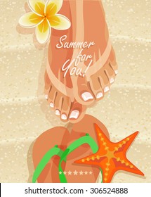 Summer poster with woman's legs and flip-flops on sandy beach background