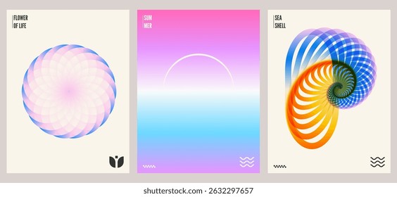 Carteles de verano. Fondo de cubierta de gradiente Abstractas con playa, sol, ola, concha, flor de loto. Plantilla de diseño de gradiente vibrante de moda para redes sociales, spa, Anuncio, diseño de promoción. Vector
