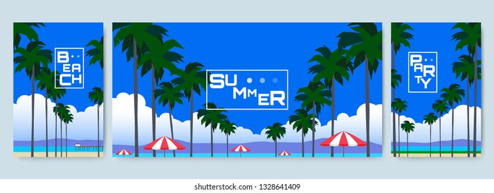 summer posters backgrounds set.beautiful landscape with beach sea palm trees 