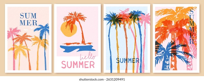 Summer posters, cards, covers. Hand drawn palm trees. Sketch palms. Design for logo, brand, card, book illustration, business identity. Vector icon.