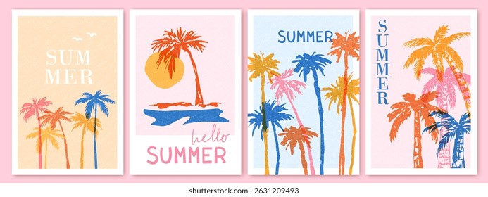 Summer posters, cards, covers. Hand drawn palm trees. Sketch palms. Design for logo, brand, card, book illustration, business identity. Vector icon.