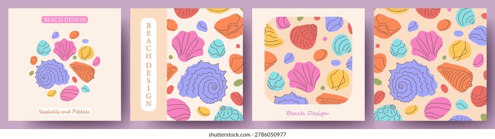 Summer posters or cards set with shells and pebbles. Bright hand drawn sea design templates for branding, label, cover, advertising, backgrounds. 