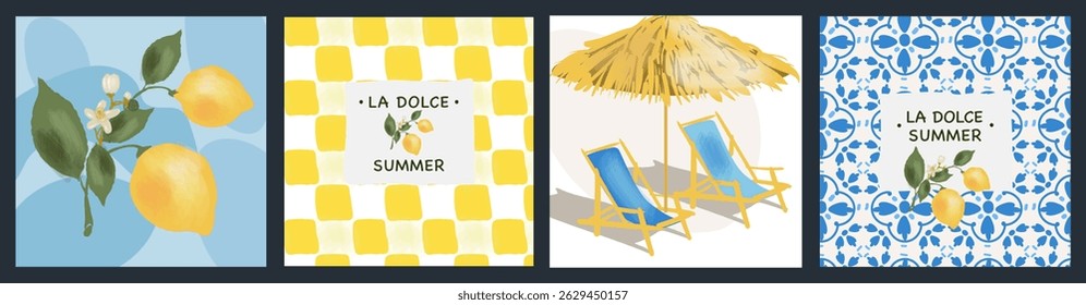 Summer posters or cards set with text on Italian "The sweet summer". Lemon, flowers, blue Mediterranean tiles, beach lounger with umbrella, yellow checkered tablecloth. Watercolor vector illustration