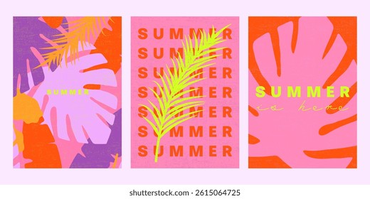Summer posters collection with bold typography, tropical leaves and grainy texture in retro pop art style, vibrant palette of pink, orange, yellow and purple for prints, flyers, backgrounds etc.