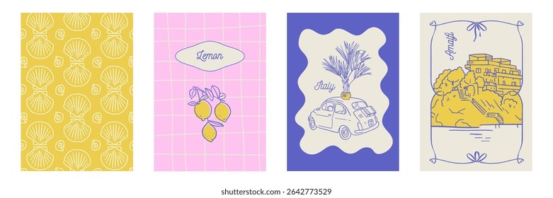Summer posters or covers set with vintage Italy vibe. Lemon and Italian vacation design. Doodle Hand drawn summer illustration. Amalfi sea beach, seashell, retro car. Mediterranean Italy coastal frame