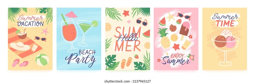 Summer posters with exotic leaves and fruits, tropical vacation banner. Beach party flyer with cocktails, summertime poster template vector set