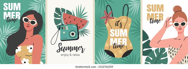 Summer posters. Fashion girls in swimsuits and glasses, swimsuit, summer bag, camera, watermelon, tropical leaves. Vacation concept.