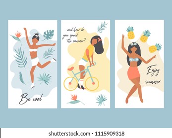 Summer posters with hawaiian girls. Set of vintage cards. Suitable for prints, greeting cards, social blogs, media