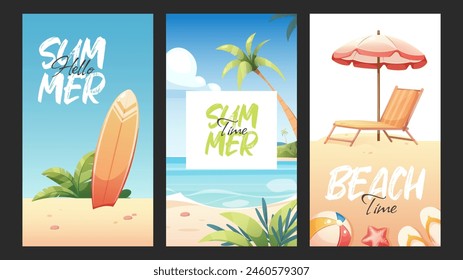 Summer posters Hello summer, Summer time, Hello beach. Vector illustration with surfboard, beach chair and umbrella, sea landscape