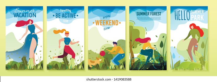Summer Posters Rest Time and Vacation Invitation. Healthy Weekend on Nature or in Park Along, on Bike or with Pet. Cartoon Flat Cards, Mobile Posts Kit. Vector Active People Illustration