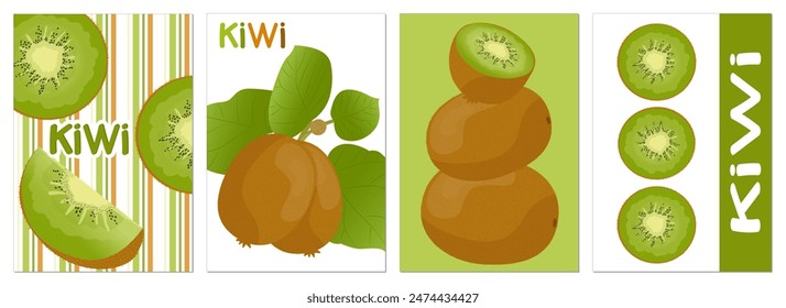 Summer posters with ripe kiwis, on branches with green leaves, mugs and slices of kiwi on a white background. Art for poster, card, wall art, banner background