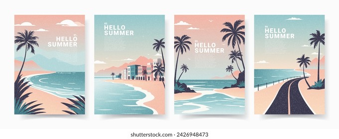 Summer posters with sea landscape. Minimalistic flat style cards for decoration summer travel, holiday, vacation. Vector cards with sea coast, mountains, palms and typography design. Trendy covers.