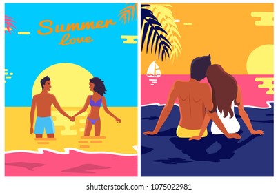 Summer posters set with couple in love on sandy beach and at sunset in deep ocean, sky with clouds on background of vector illustration