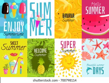 Summer posters set with ice cream, fruits, cocktail, shells, palm leaves on colorful backgrounds isolated vector illustration 