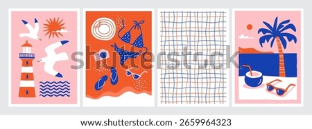 Summer posters set num. 2 with palm tree, lighthouse, seagulls, bikini, flip flops and abstract seamless pattern. Travel and vacation background, banner or greeting card design.