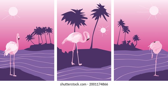 Summer posters set with pink flamingo on abstract tropical purple background of palm tree island sea sky and sun vector illustration